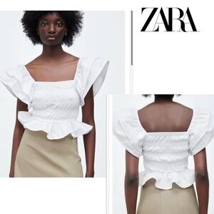 Zara White Ruffle frill sleeve smocked voluminous top Blouse Sz L NWOT bohemian